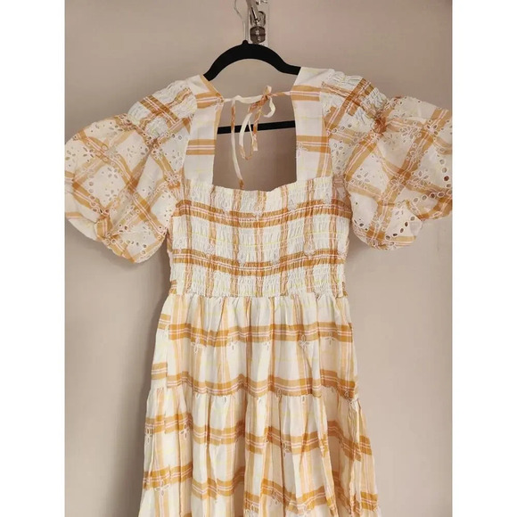 NWT Anthropologie Puff-Sleeve Eyelet Midi Dress Size S Yellow #9H413 - Picture 8 of 11